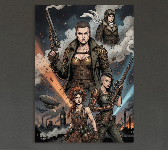 Steampunk Women Warriors — metal poster wall art by Lineer
